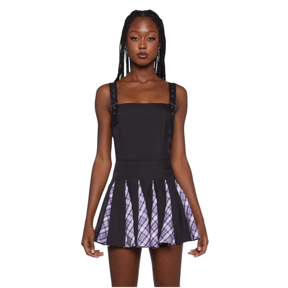 Dolls Kill Sugar Thrillz Headmaster Mini Dress Size Medium Black Pleated Plaid